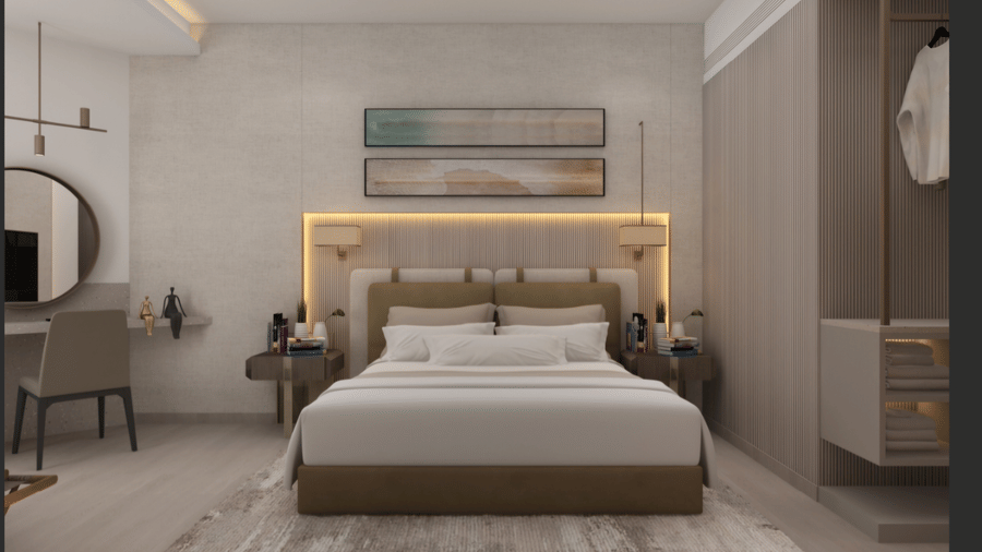 Superior bedroom at Tulip Inn Bidar featuring a double bed, bedside tables, 2 lamps, a vanity mirror, desk, and a wardrobe with an open storage rack.