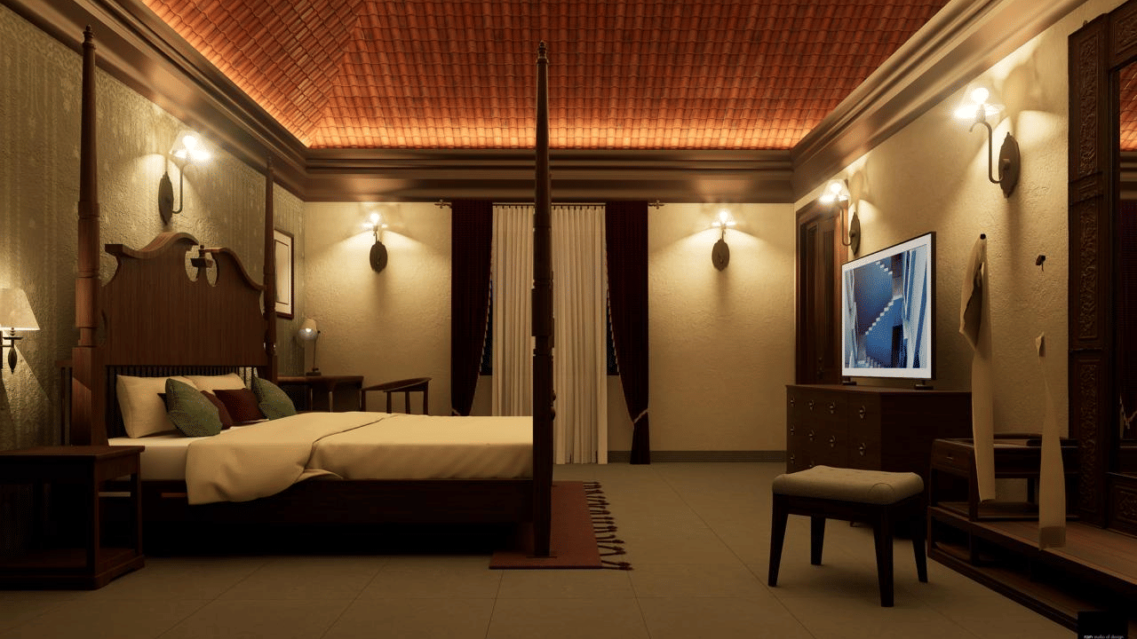 Render of a traditional-style hotel bedroom featuring a wooden bed, a small stool, a flat-screen TV, and warm lighting.