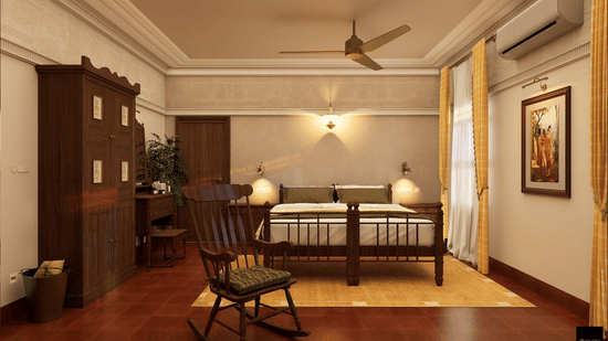 Bedroom at MGM Paradise Resort, Kumbakonam featuring a double size bed, a work desk and chair, an arm chair, an AC, a fan, and a wardrobe.