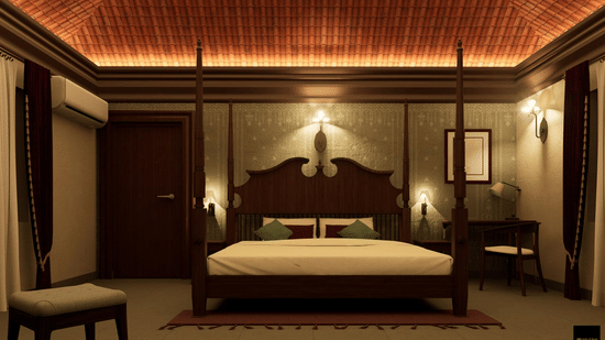 Bedroom at MGM Paradise Resort, Kumbakonam featuring a double size poster bed, a stool, and a workstation with work desk and chair.