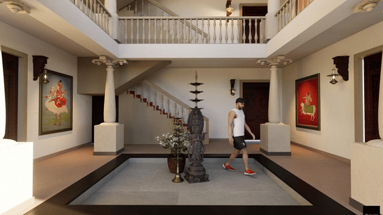 Courtyard at MGM Paradise Resort, Kumbakonam featuring a showpiece placed at the centre, and there are stairs leading to first floor, doors leading to each room, and huge photo frames on the walls