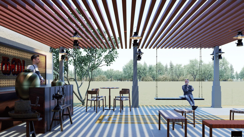 Seating area at MGM Paradise Resort, Kumbakonam featuring a reception area, few chairs, tables, and benches with a view of the lawn outside.