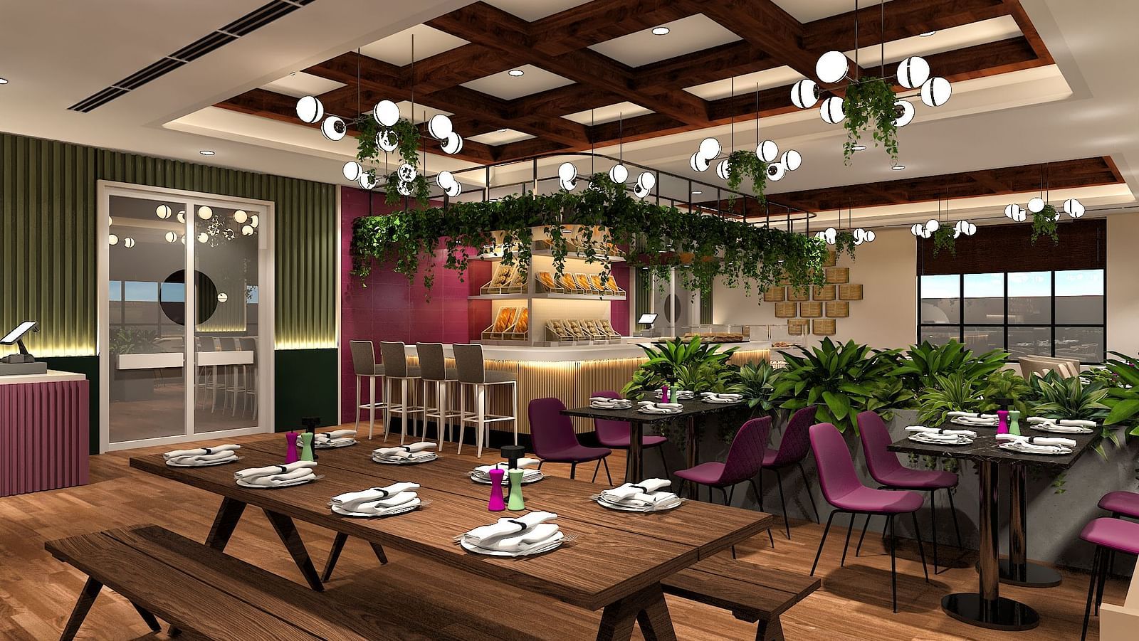 image featuring a long brown coloured bench with set plates and napkins at our restaurant in kinshasa - Kertel Suites