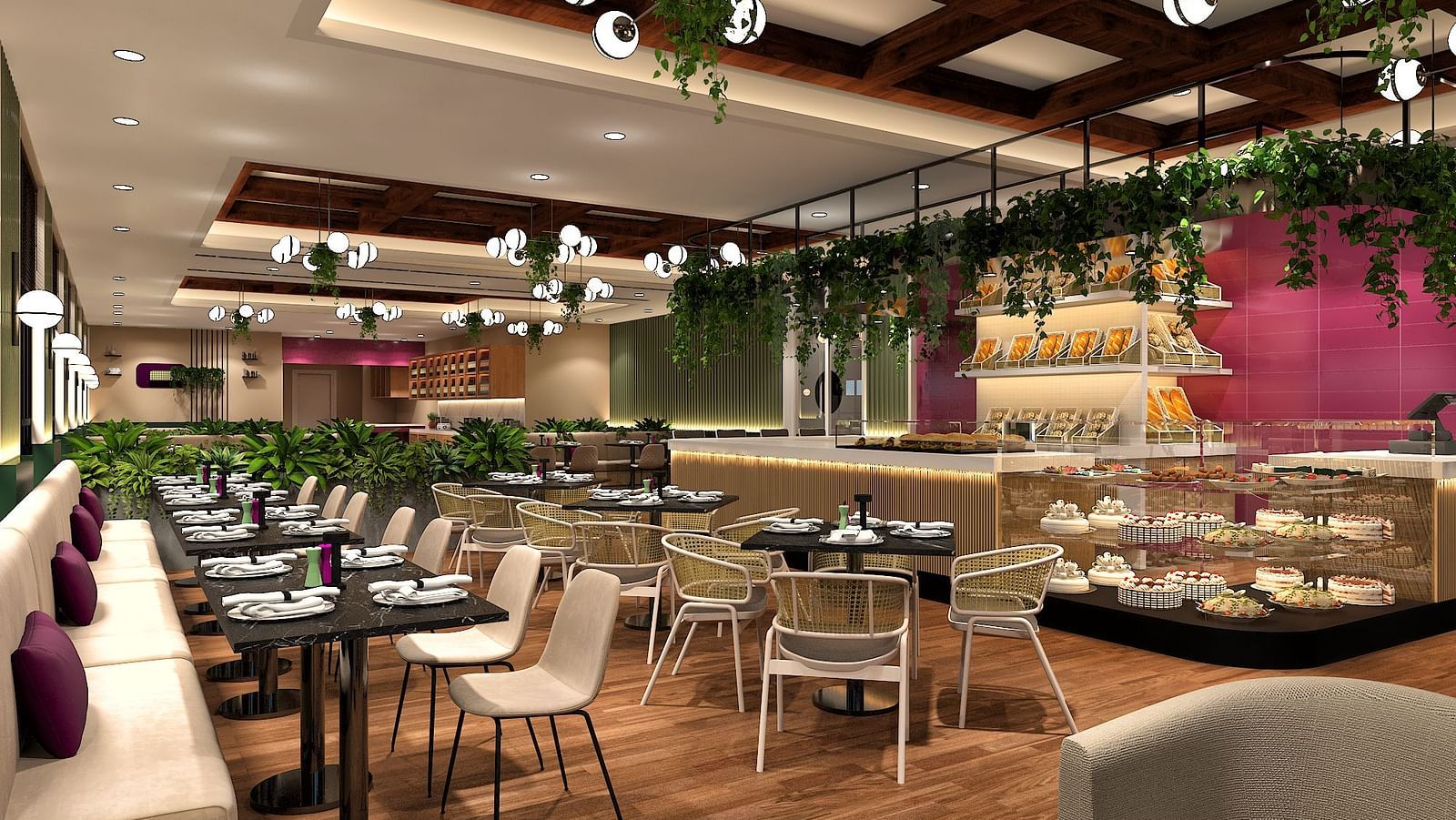 Multi-cuisine restaurant in Kinshasa at Kertel Suites with decorated with green plants and well arranged chairs