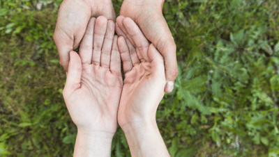 High-angle shot of two pairs of hands, one male and one female, cupped together over a lush green grassy area.