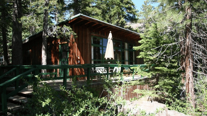 A rustic cabin with a slanted roof among tall trees, featuring a wooden deck with an umbrella . - Kit Carson Lodge