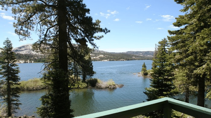 A scenic lake view framed by pine trees and a green railing, with distant mountains under a blue sky.- Kit Carson Lodge & Restaurant 