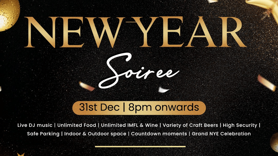Promotional poster for The Whitefield Arms New Year Soiree on 31st Dec, featuring festive gold accents, event highlights, early bird offers, and reservation details.