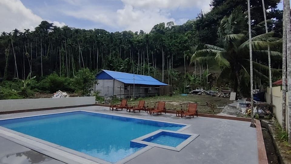 Image of the swimming pool in the resort surrounded by trees with clear sky in background | Arina Island Resort