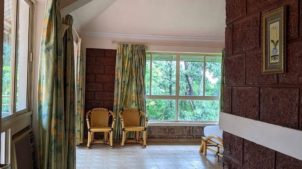 A hallway with large windows overlooking lush greenery at The Conservancy Bungalow.