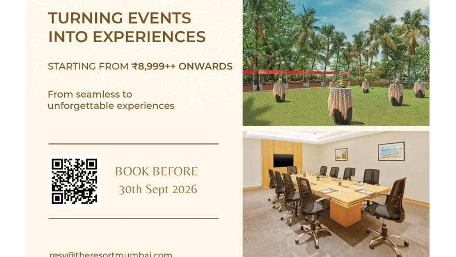 Promotional banner for The Resort Mumbai featuring a banquet hall with round table setup, an outdoor lawn event space, a boardroom meeting room, and a guest room. Text highlights event packages starting from INR 8,999++ onwards and booking before 30th Sept