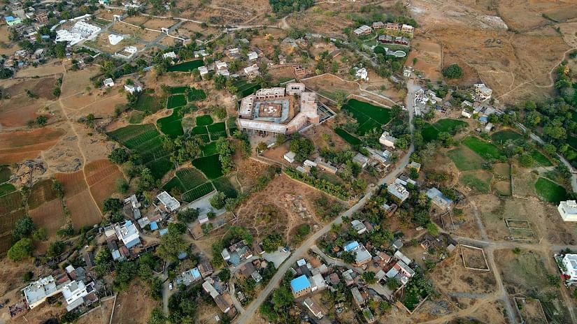 An aerial view of a fort surrounded by a rural landscape.