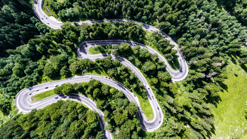 a bird's eye view of a windy road through forest cover 