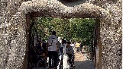 Entrance shaped like a giant stone face with visitors walking through.