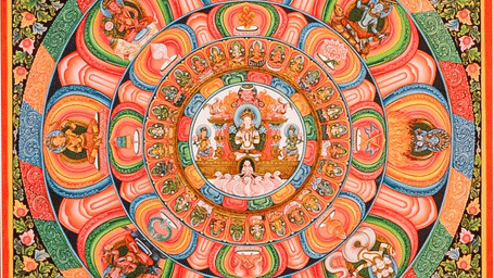 A vibrant circular Buddhist mandala Chandra Ratha Rohan thangka painting featuring concentric geometric rings and traditional deity artwork.