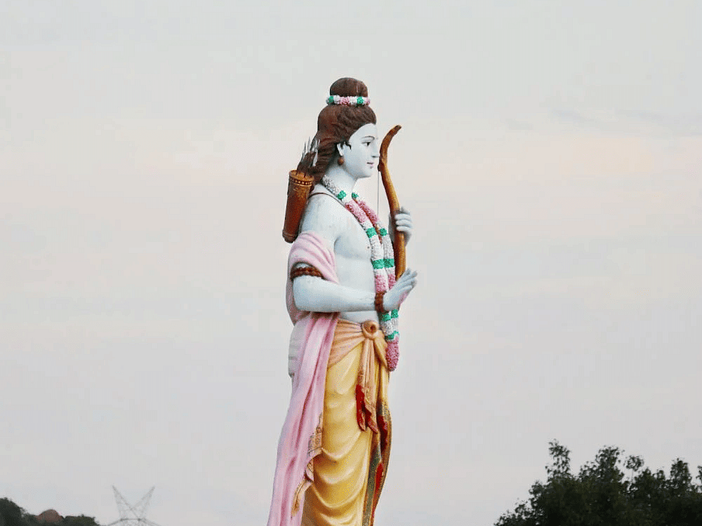 Side view of Lord Ram statue placed on a pedestal