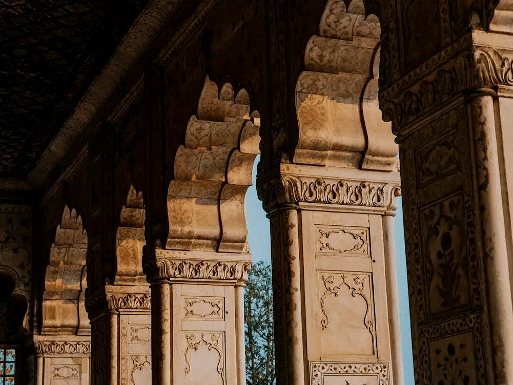 Intricately carved pillars inside an ancient Indian monument