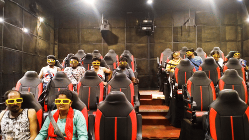 People sitting inside the 5D Theatre with glasses - Black Thunder, Coimbatore