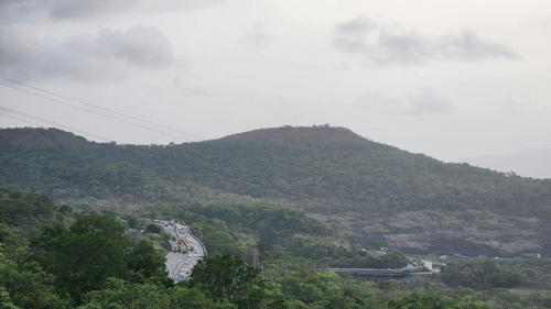 A panoramic view of lush green hills under a cloudy sky, showcasing a peaceful and rain-kissed valley.