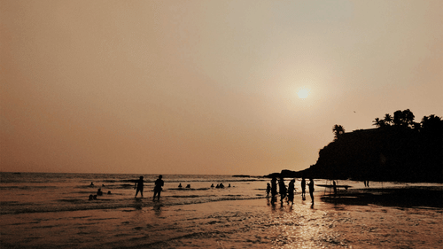 A beach scene in Goa, India with palm trees in the background and people in the foreground.