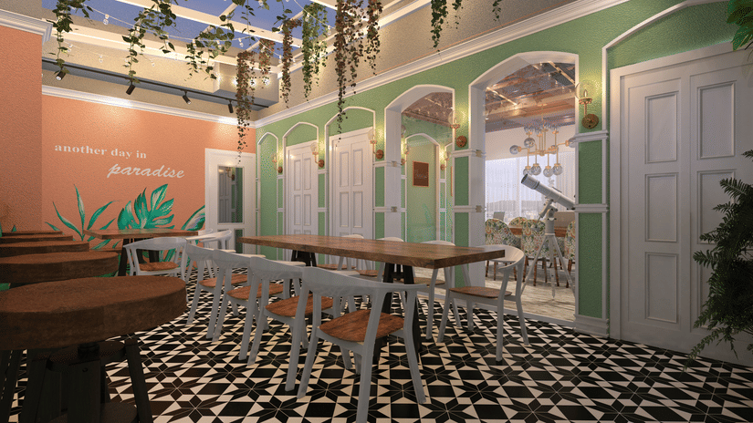 terrace area with beautiful interiors and seating area at theory9 bandra