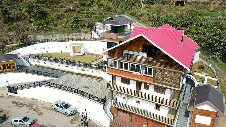 drone shot of the facade