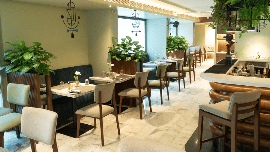 A serene dining area at the Koi Garden of Hotel Bawa International in Vile Parle featuring neatly arranged tables, upholstered chairs, indoor plants, and soft ambient lighting creating a calm and elegant setting.