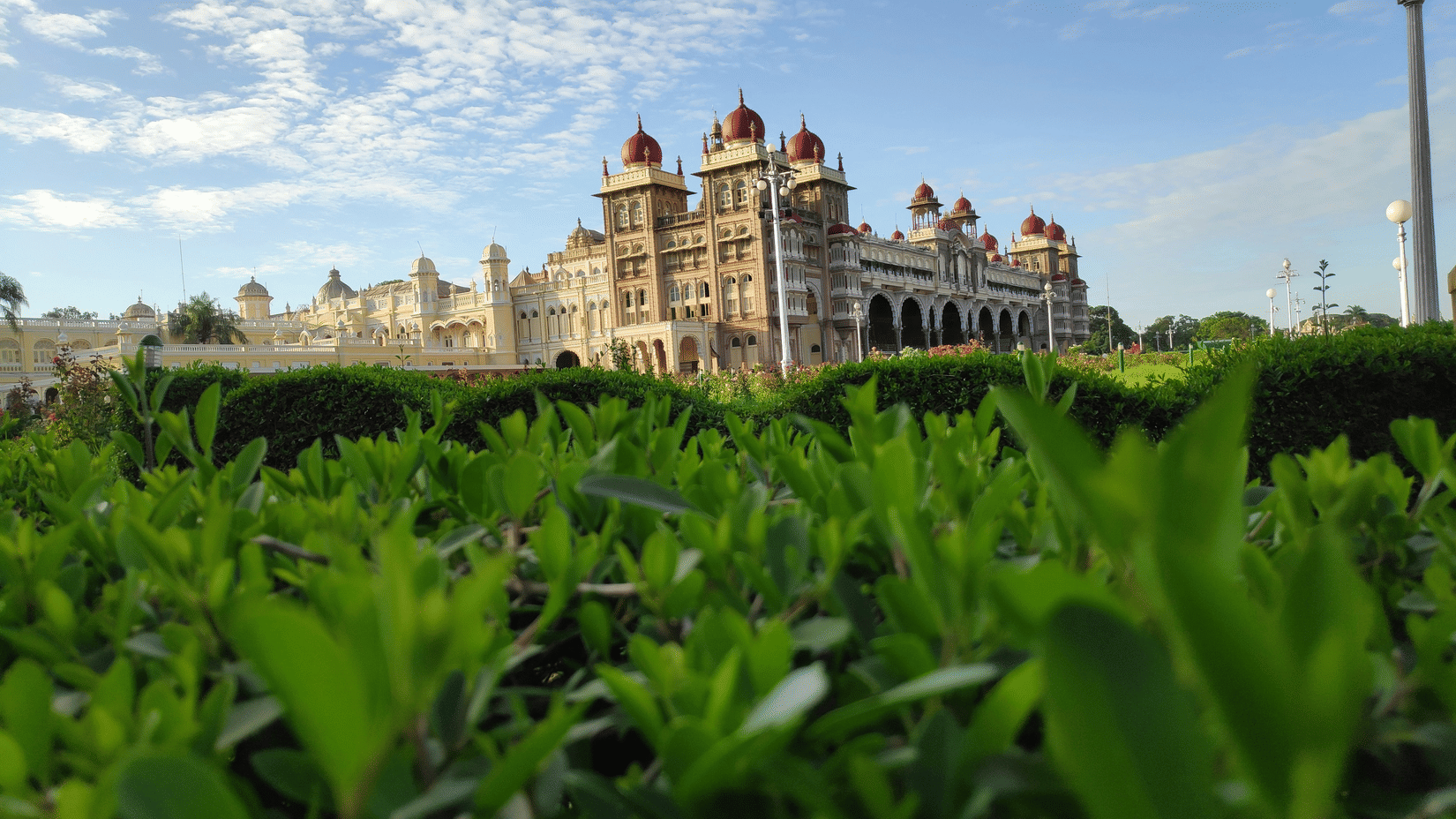 Daytime view of the Mysore Palace with its ornate domes and arches rising above lush green hedges and gardens under a bright blue sky.