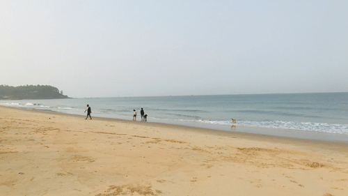 An overview of one of the Beaches in Kochi with few people walking away from the shoneline.