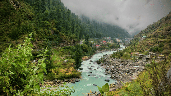 A panoramic view of the river valley in Kasauli, featuring a fast-flowing river cutting through a rocky landscape, surrounded by dense pine-covered hills. A small settlement is visible in the distance, with mist-covered mountains creating a scenic backdrop