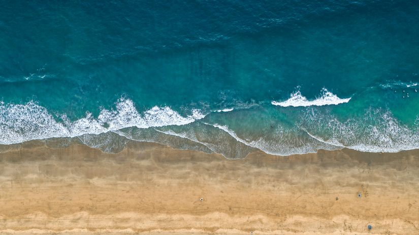 An aerial view of Agonda beach with waves overlapping on the brown sandy beach. This beach is one of the most sought-after tourist places to visit in South Goa.