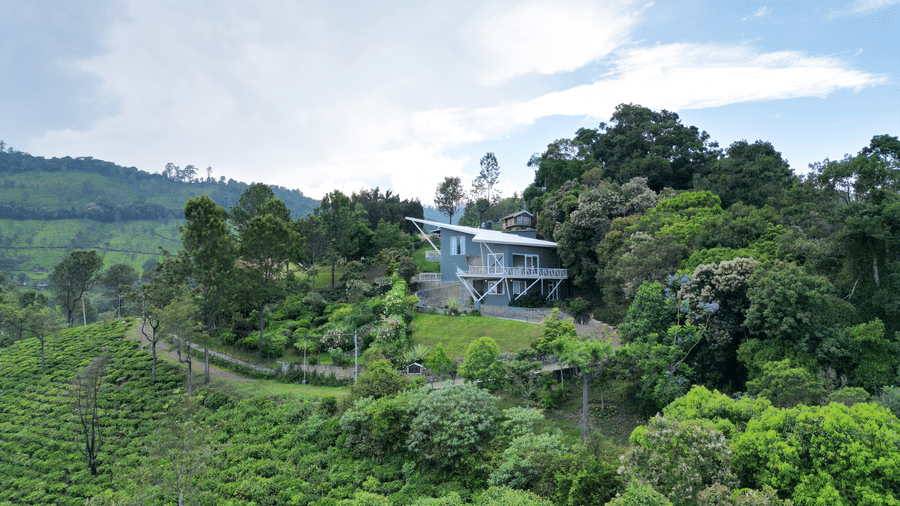 Panoramic view of tree-covered hills with a blue sky in the background at Ibex Resorts, Coonoor (Tapas).