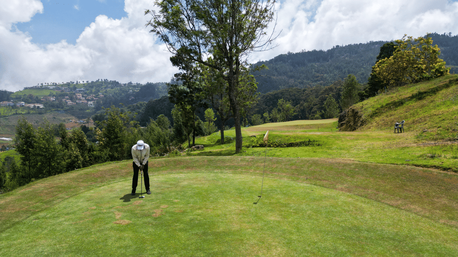 A person stands on a lawn with a golf club. Trees and hills rise in the background under a sky with clouds.