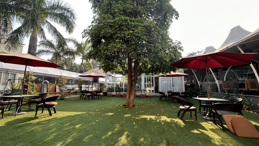 A spacious outdoor lawn with wooden picnic tables, vibrant umbrellas, and tall palm trees, creating a refreshing atmosphere for open-air dining and social gatherings – Maxxvalue Klub Klass Villa, Lonavala.