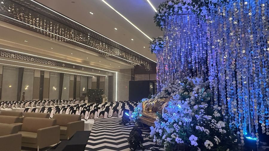 Elegant Indoor Banquet Hall with Stylish Striped Flooring and Ceiling Lights - VRR Astoria Hotel and Conventional Centre