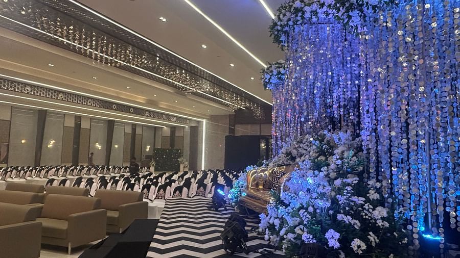 Elegant Indoor Banquet Hall with Stylish Striped Flooring and Ceiling Lights - VRR Astoria Hotel and Conventional Centre