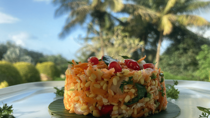 A close-up shot of a sprouted lentil salad, also known as a chaat, garnished with pomegranate seeds and curry leaves, served on a banana leaf on a white plate with a blurred outdoor background of palm trees and greenery.