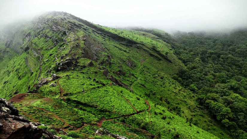 Steep hillsides blanketed in vibrant green vegetation.