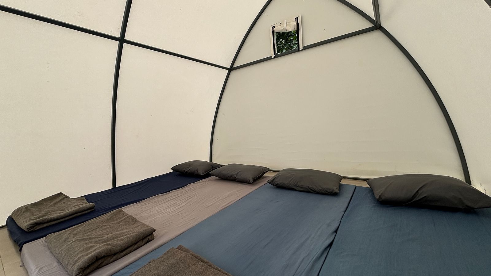 Interior of a spacious tent featuring neatly arranged sleeping mats, offering a comfortable sleeping arrangement for guests.