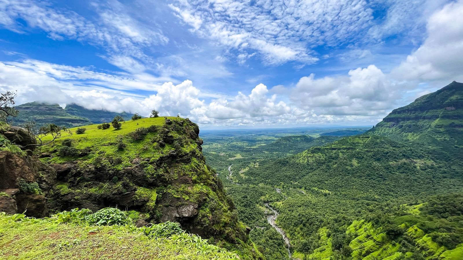 an image of a lush green cliff under blue sky during daytime