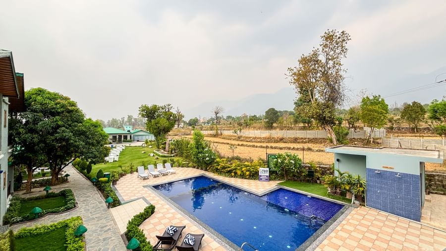 An inviting swimming pool surrounded by a manicured lawn and garden under a clear sky.