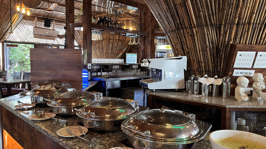 Stainless steel buffet serving stations featuring a variety of culinary dishes - DAN Resorts & Weddings, Palghar