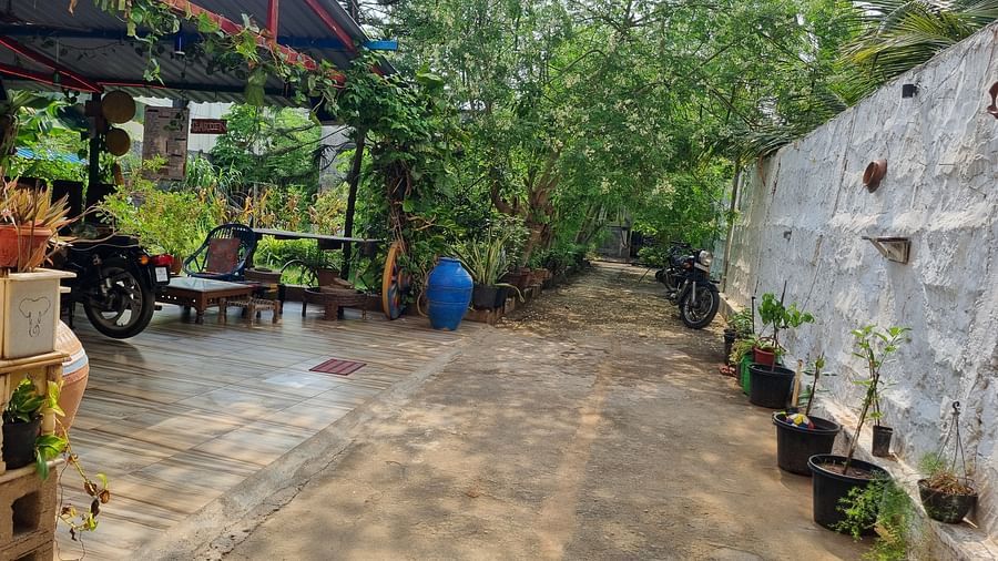 An empty area in front of the common seating area covered with a shed and surrounded by lush greenery at Dream Vision Guest House.
