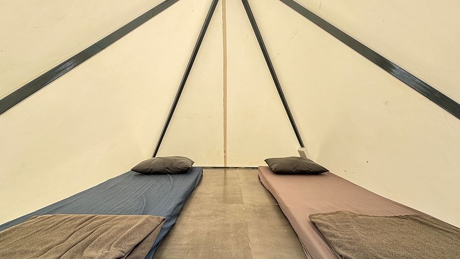 Interior of a spacious tent featuring neatly arranged sleeping mats, offering a comfortable sleeping arrangement for guests.