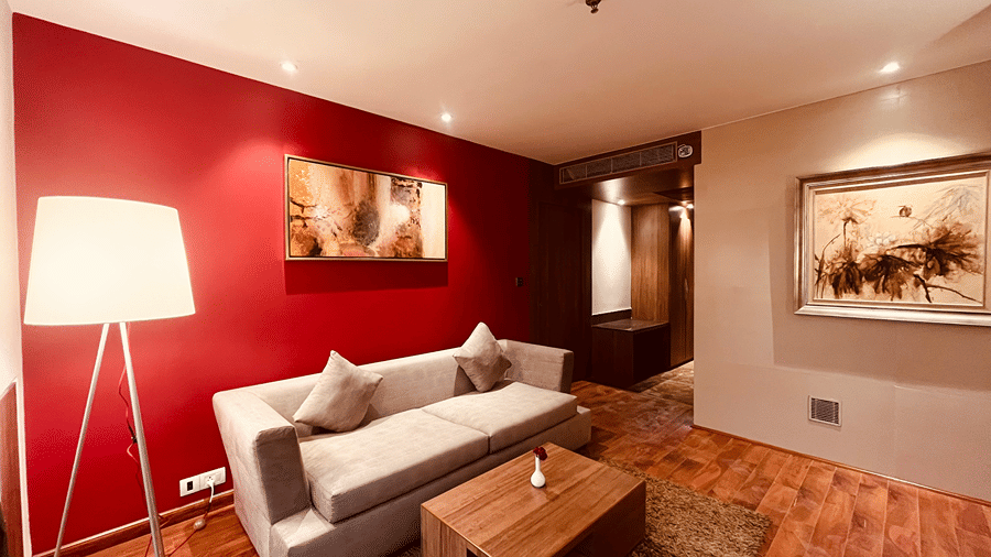 A plush grey couch with a tall lamp in the living room of the Premier Smart Suite with a coffee table in front of it at Senses Hotel.