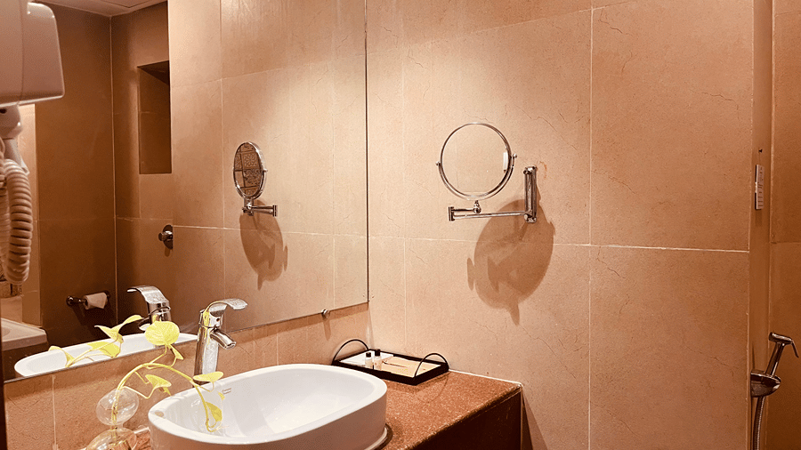 Corner view of a wash basin with a wide mirror above it in a washroom of the Premier Smart Suite at the Senses Hotel.