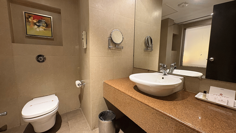 The bathroom in the Executive Room featuring a wash basin with a wide mirror above it - Senses Hotel