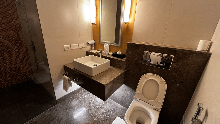 Bathroom with washbasin, mirror, toilet and amenities at The Conway, Meerut
