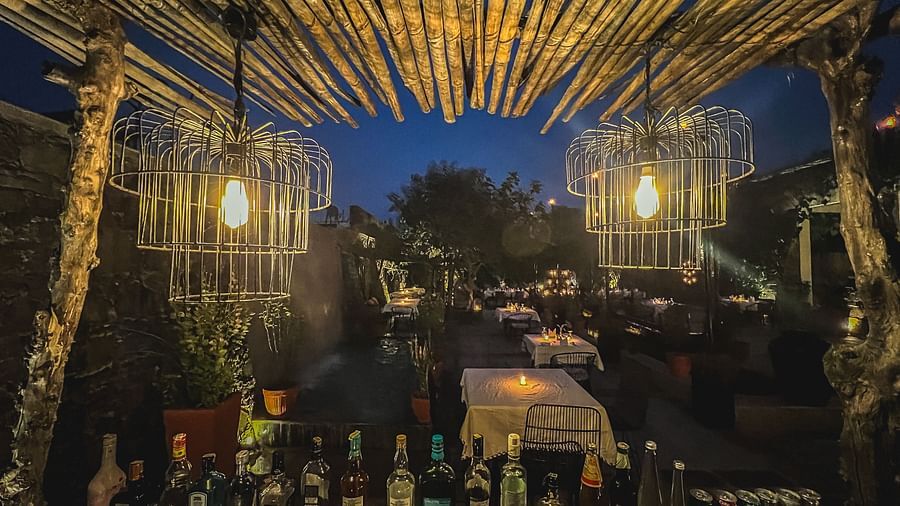 An image of a bar facing the seating arrangement with decorative lighting - An image of an outdoor seating at the hotel with trees around - Utsav Camp Sariska
