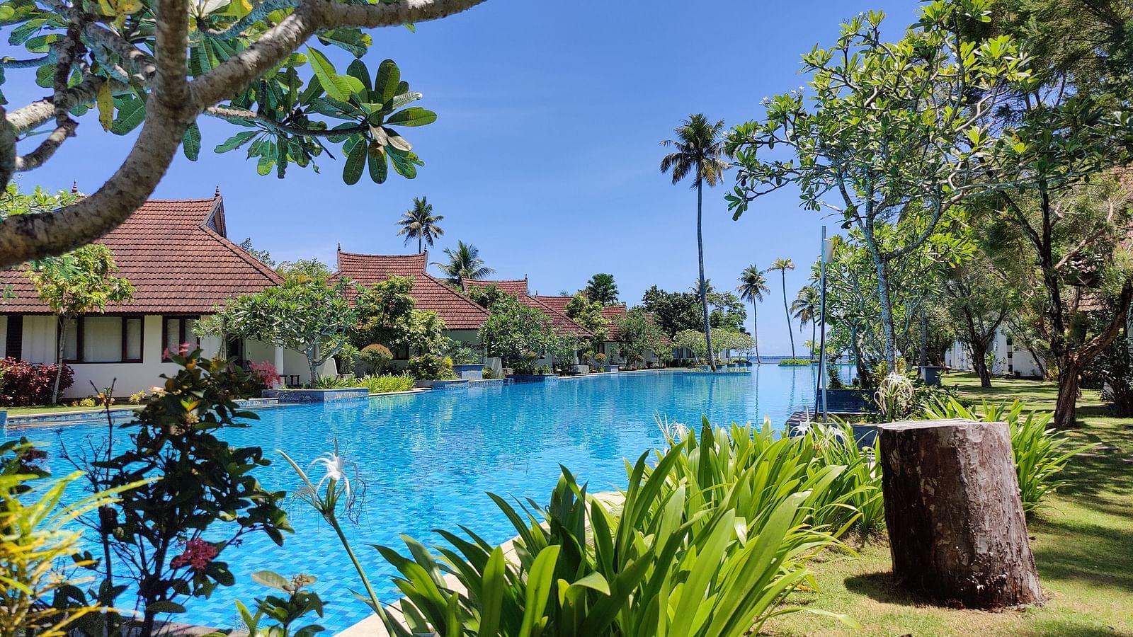 an image of a swimming pool with rooms and trees in view - Rhythm Kumarakom